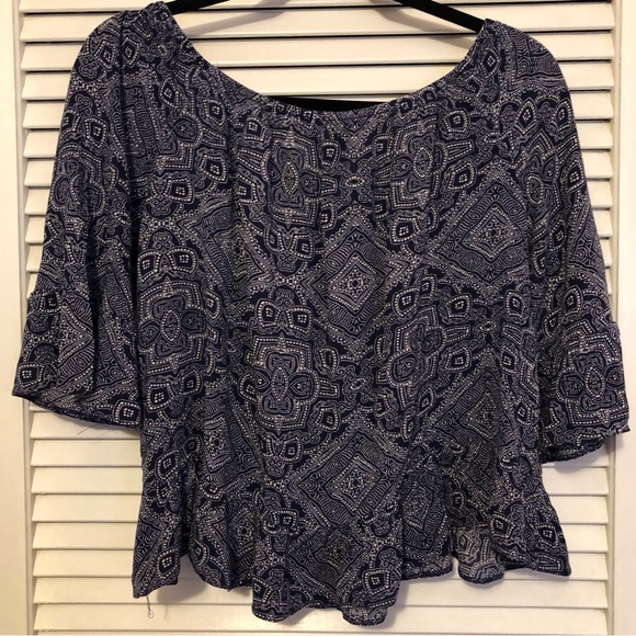 PrimarkAtmosphere Navy White Print Peasant Neck Ruffled Edge Mini Blouse Size 14 - Picture 2 of 4